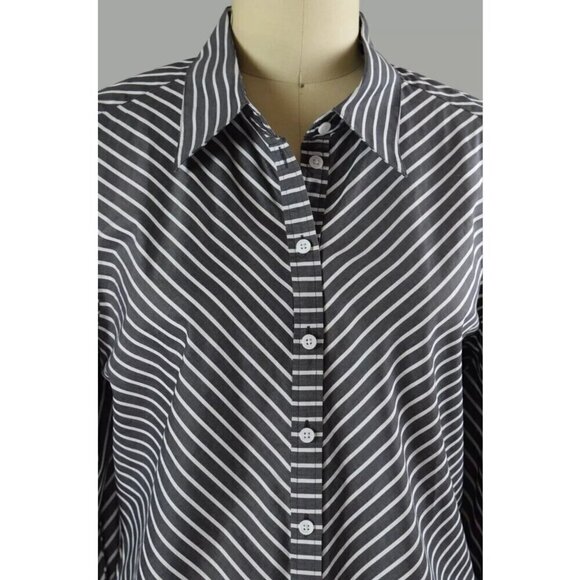 JAEGER ASYMMETRICAL STRIPED BUTTON UP LONG SLEEVE TOP - Picture 2 of 8